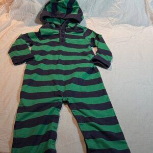 Hanna Andersson-  Green and Gray Striped Hooded Romper/one piece outfit